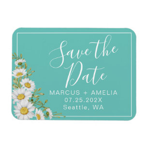 Modern  Light Teal & White Daisies Save The Date Magnet