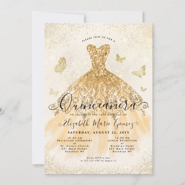 Modern Light Yellow Gold Glitter Gown Quinceanera Invitation (Front)