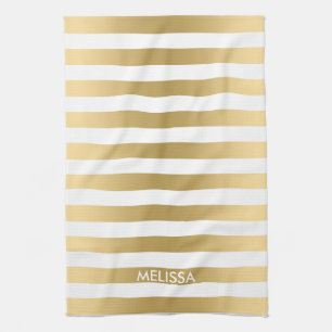 Modern Light Yellow Gold & White Stripes Pattern Tea Towel