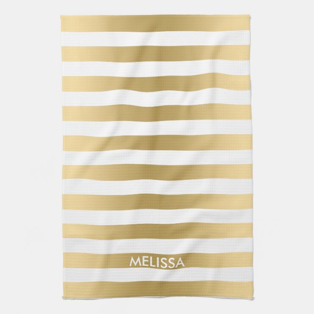 Modern Light Yellow Gold & White Stripes Pattern Tea Towel (Vertical)