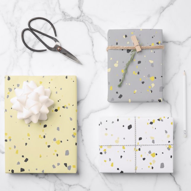 Modern Light Yellow Grey Terrazzo Pattern Wrapping Paper Sheet (Front)