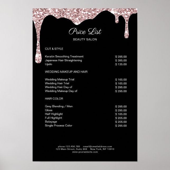 Modern Lightpink Black Glitter Preislisten Poster (Front)