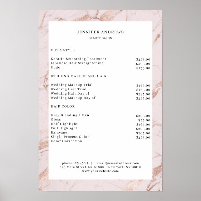 Modern Lightpink-Copper Price List Poster (Front)