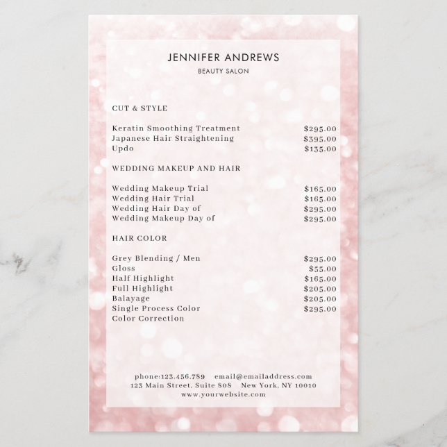Modern Lightpink Glitter Salon Price List  Flyer (Front)