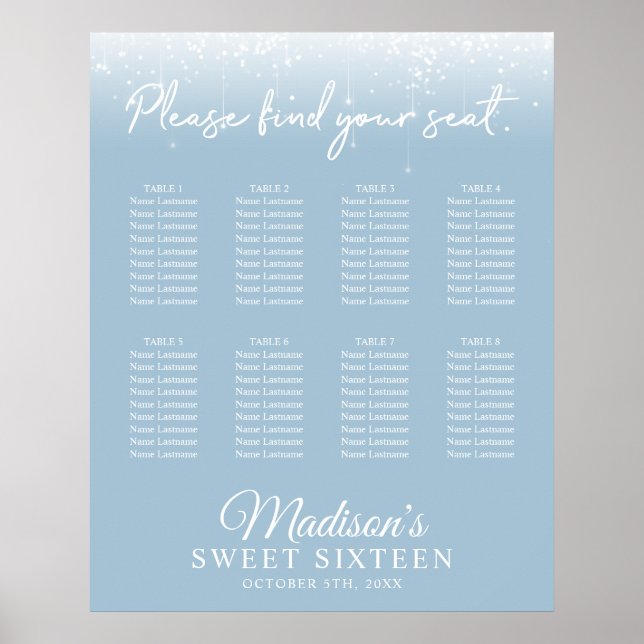 Modern Lights Dusty Blue Sweet 16 Seating Chart (Front)