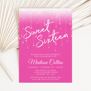 Modern Lights Hot Pink Sweet 16 Invitation