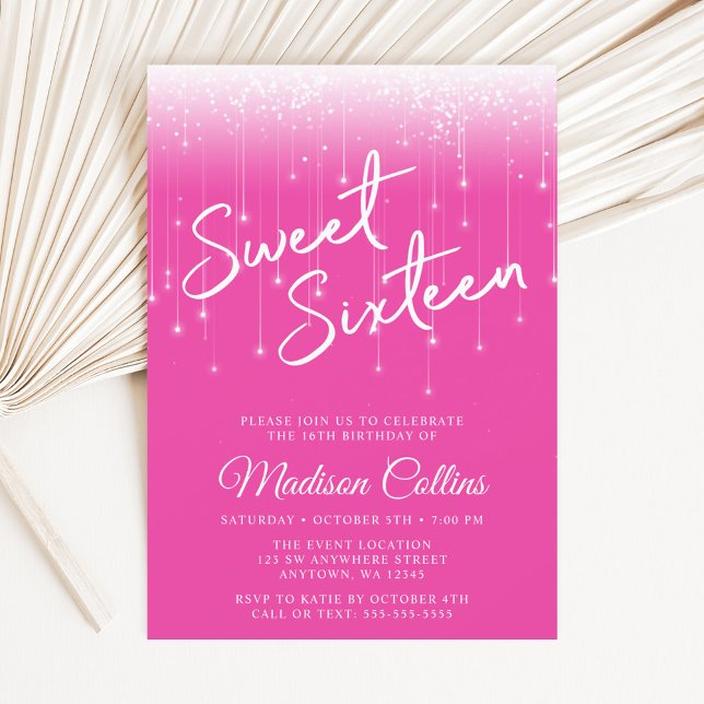 Modern Lights Hot Pink Sweet 16 Invitation (Creator Uploaded)