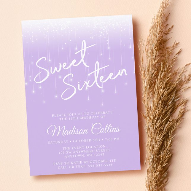 Modern Lights Lavender and White Sweet 16 Invitation (Creator Uploaded)
