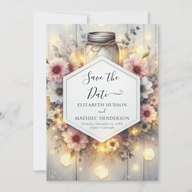  Modern Lights Mason Jar Wedding Save The Date (Front)