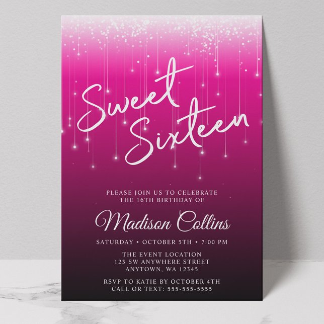 Modern Lights Pink Black Sweet 16 Invitation (Creator Uploaded)