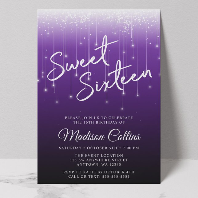 Modern Lights Purple Black Sweet 16 Invitation (Creator Uploaded)