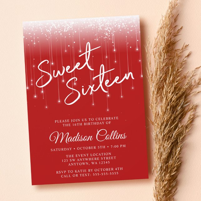 Modern Lights Red Sweet 16 Invitation (Creator Uploaded)