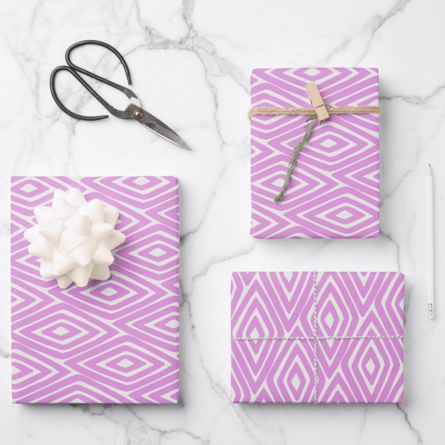 Modern Lilac and White Geometric Diamond Pattern Wrapping Paper Sheet (Front)