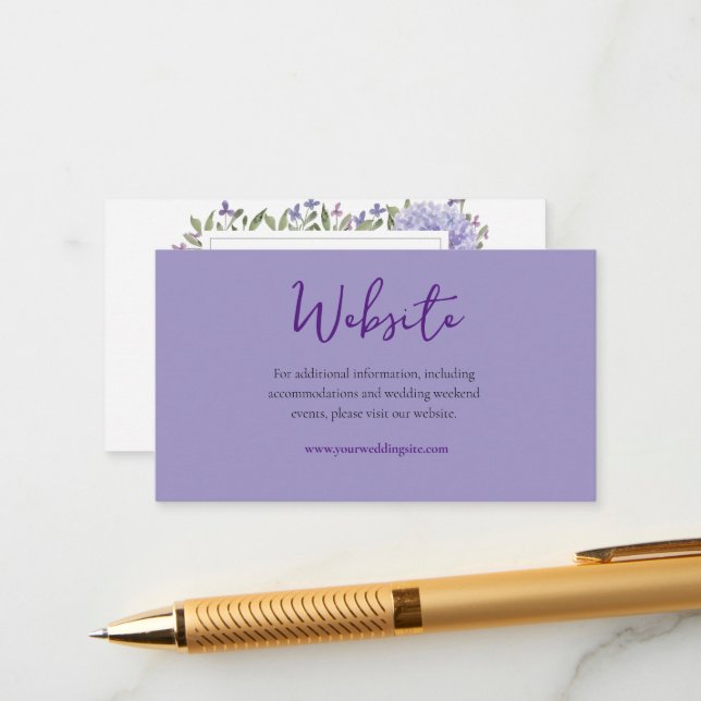 Modern Lilac Blue Hydrangea Floral Wedding Website Enclosure Card (Front/Back In Situ)