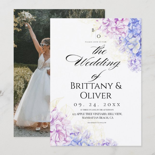  Modern Lilac & Blue Spring  Floral Wedding Invitation (Front/Back)