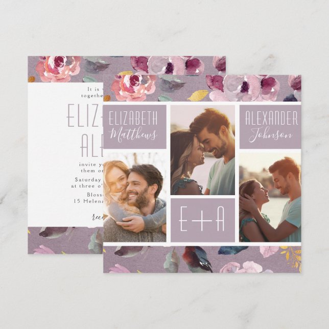 Modern Lilac Floral Photo Collage Wedding Invitation (Front/Back)