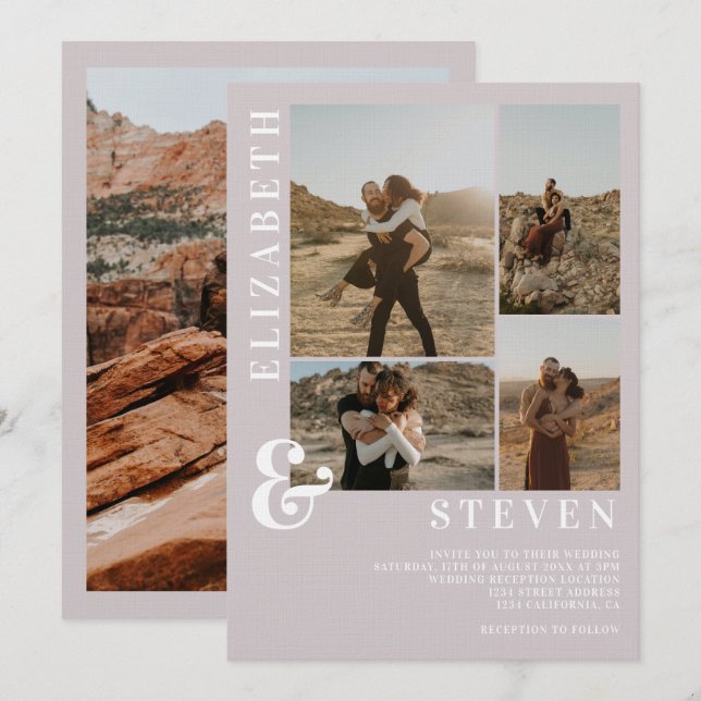 Modern lilac grey ampersand 5 photo grid wedding invitation (Front/Back)