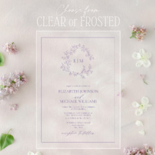 Modern Lilac Lavender Leafy Crest Monogram Wedding Acrylic Invitations