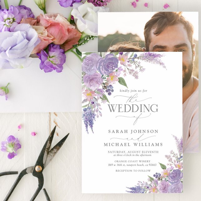 Modern Lilac Lavender Mauve Floral Photo Wedding Invitation (Creator Uploaded)