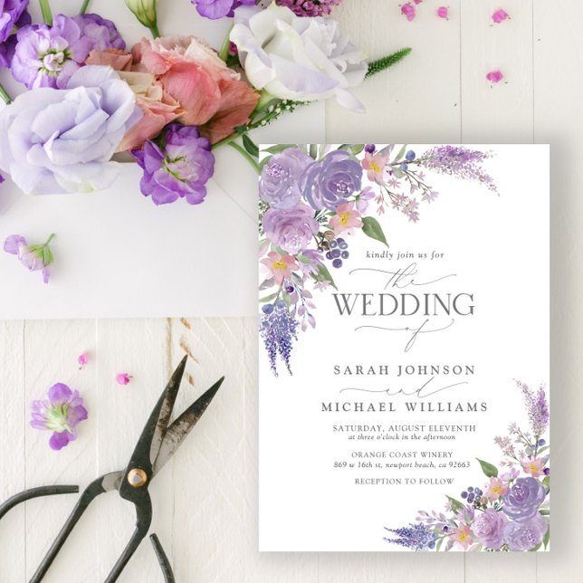 Modern Lilac Lavender Mauve Script Floral Wedding Invitation (Creator Uploaded)