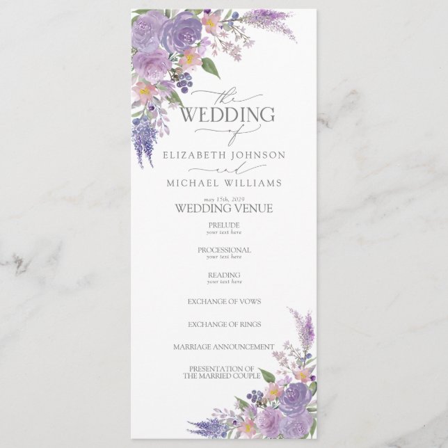 Modern Lilac Lavender Mauve Script Floral Wedding Programme (Front)