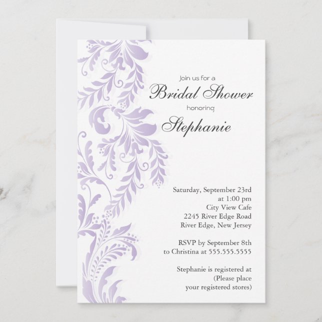 Modern Lilac Leaf Swirl Bridal Shower Invitation (Front)