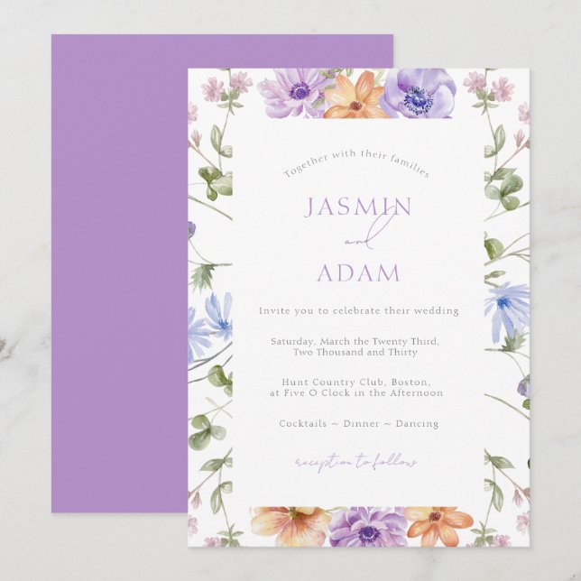 Modern Lilac Peach Watercolor Floral Wedding Invitation (Front/Back)