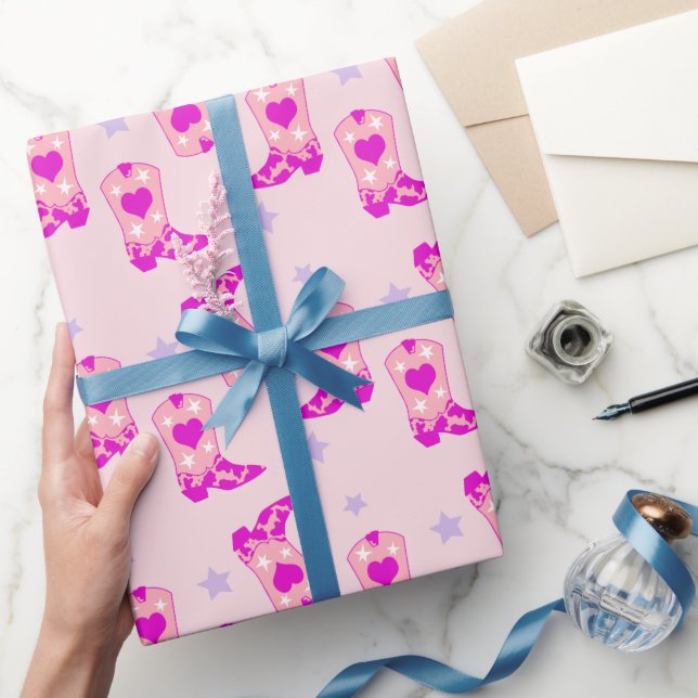 Modern Lilac Pink Cowgirl Western Boots Stars  Wrapping Paper (Gifting)