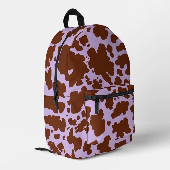 Modern Lilac Purple and Brown Cow Skin Print Printed Backpack (Back Corner Left)