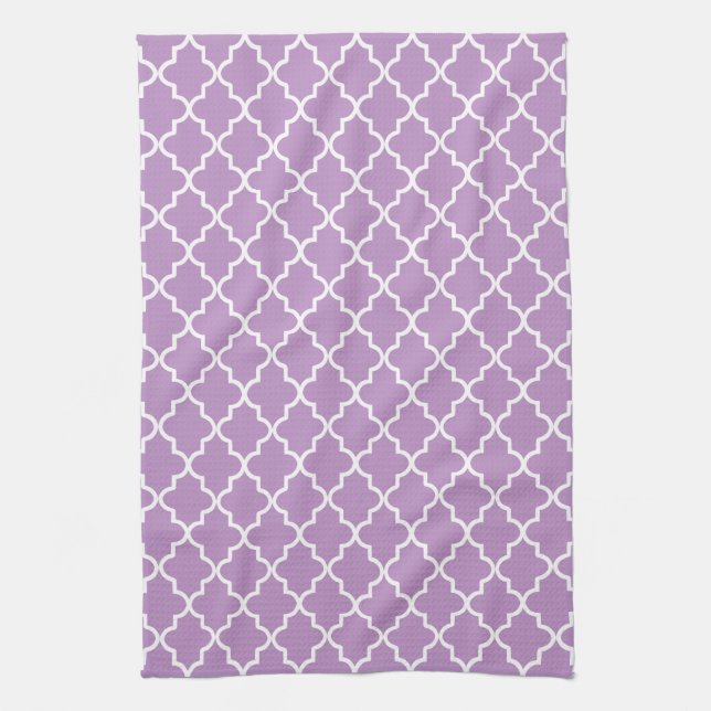 Modern Lilac Purple and White Moroccan Quatrefoil Tea Towel (Vertical)