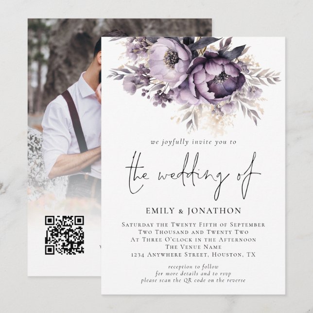 Modern Lilac Purple Florals Photo QR Code Wedding Invitation (Front/Back)