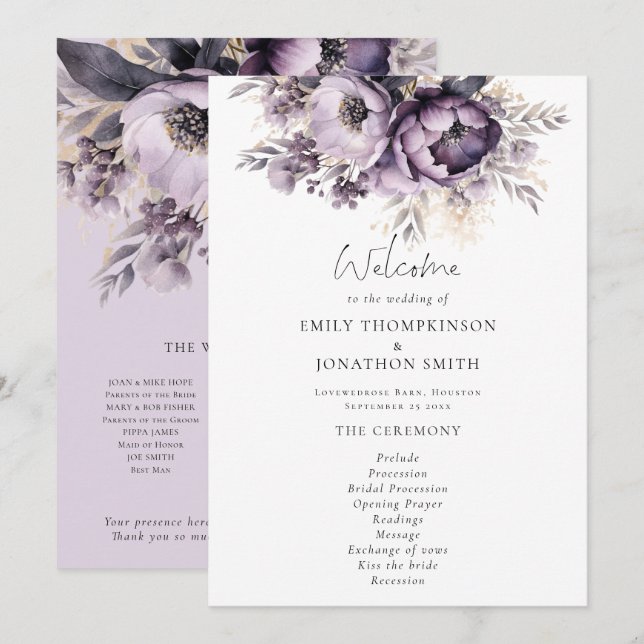 Modern Lilac Purple Florals Wedding Program Invitation (Front/Back)
