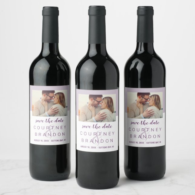 Modern Lilac Purple Wedding Photo Save the Date Wine Label (Bottles)