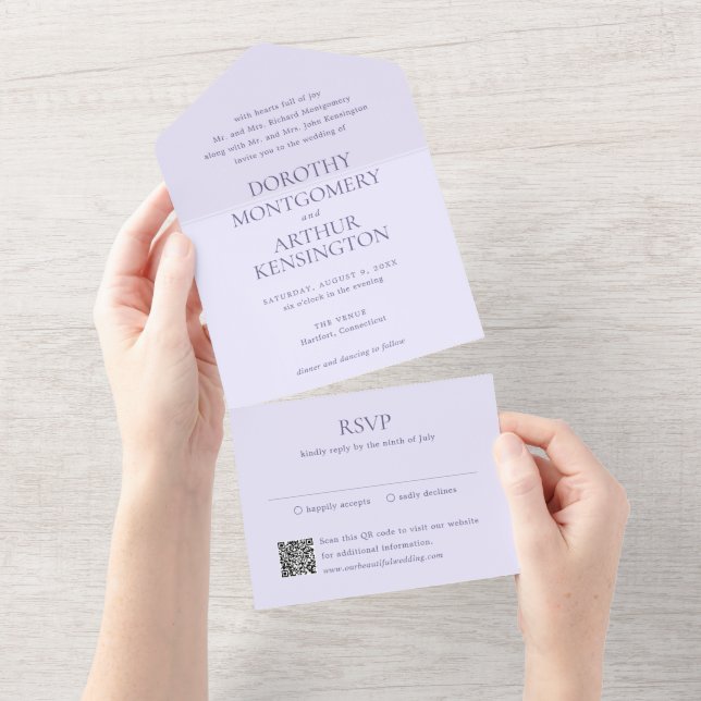 Modern Lilac QR Code Elegant Wedding All In One Invitation (Tearaway)