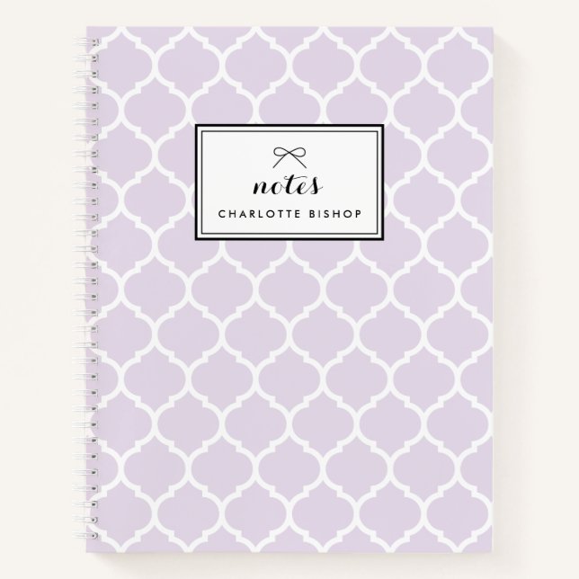 Modern Lilac Quatrefoil Pattern Personalised Notebook (Front)