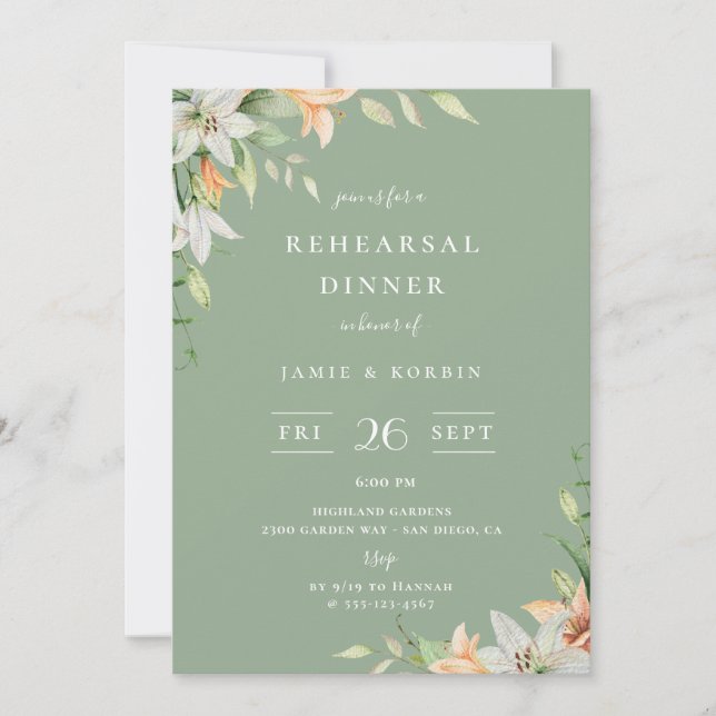 Modern Lily Floral Sage Green Rehearsal Dinner Invitation (Front)