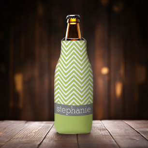 Modern Lime and Charcoal Chevron Pattern with Name Bottle Cooler