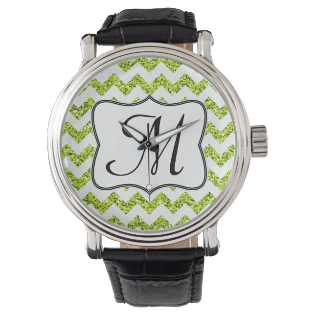Modern Lime Glitter Chevron Zig Zag Stripe Watch (Front)