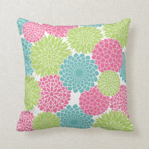 Modern Lime Green and Hot Pink Flowers Cushion