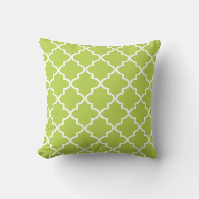 Modern Lime Green and White Moroccan Quatrefoil Cushion (Front)