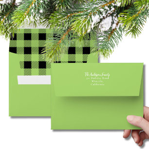 Modern Lime Green & Black Christmas Buffalo Plaid Envelope