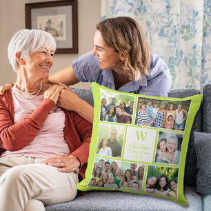 Modern Lime Green Family Reunion Monogram Photo Cushion