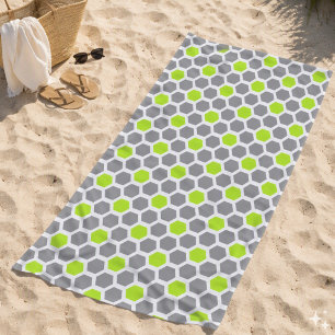 Modern Lime Green Grey Geometric Hexagon Pattern Beach Towel