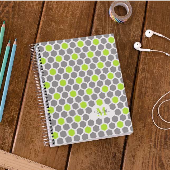 Modern Lime Green Grey Geometric Pattern Monogram  Notebook (Creator Uploaded)