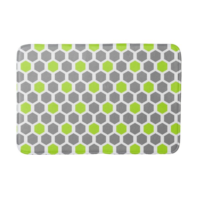 Modern Lime Green Grey Hexagon Geometric Pattern Bath Mat (Front)