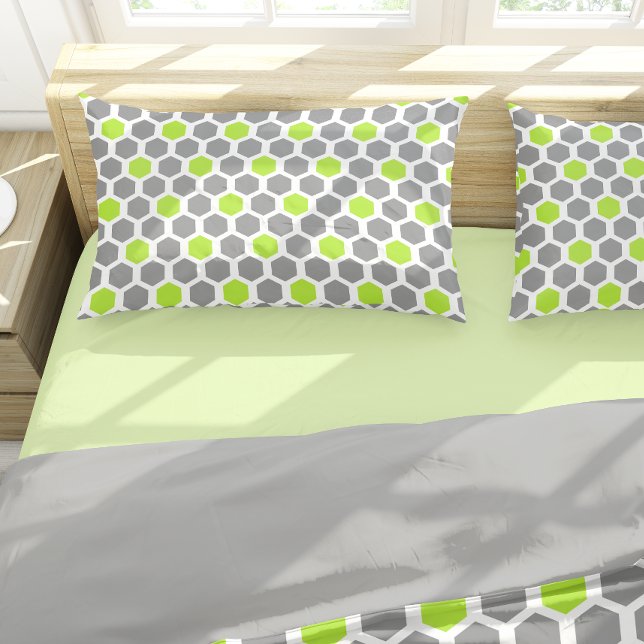 Modern Lime Green Grey Hexagon Geometric Pattern Pillowcase (Creator Uploaded)