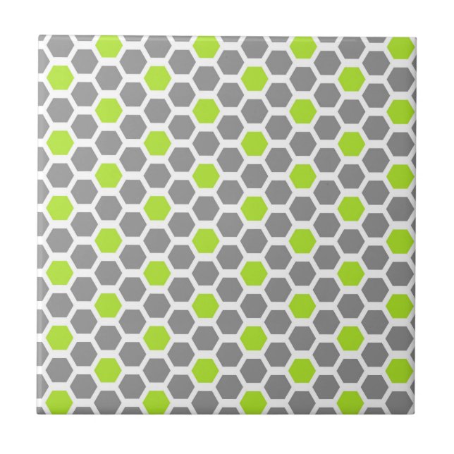 Modern Lime Green Grey Hexagon Geometric Pattern Tile (Front)