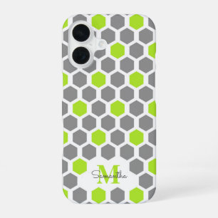 Modern Lime Green Grey Hexagon With Name Monogram iPhone 16 Case