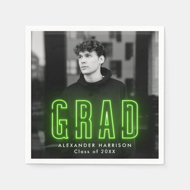 Modern Lime Green Neon Photo Graduation Napkin (Front)