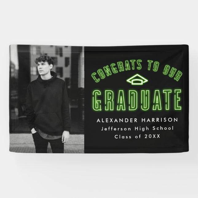 Modern Lime Green Neon Photo Graduation Party Banner (Horizontal)